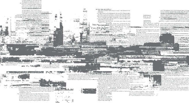 Distressed newspaper pages with overlapping text and dark grey ink smudges creating a textured background