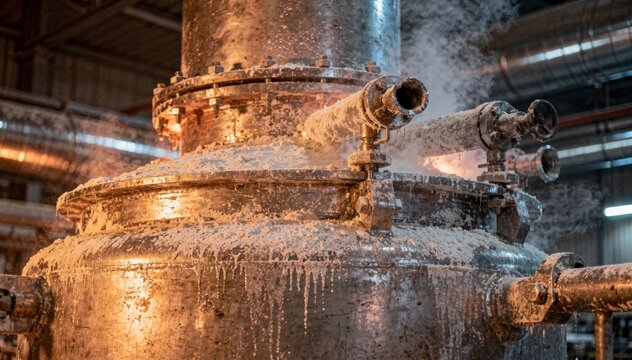 Medium shot capturing steam vent mechanisms and heated surfaces of a gypsum calcination kettle emphasizing industrial plaster manufacturing dynamics.