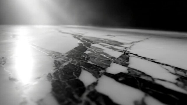 Low Angle Shot of a White Marble Surface with Black Veins and Ray of Light Against Black Background