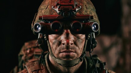 Obraz premium Soldier in Tactical Gear with Night Vision Goggles and Serious Expression