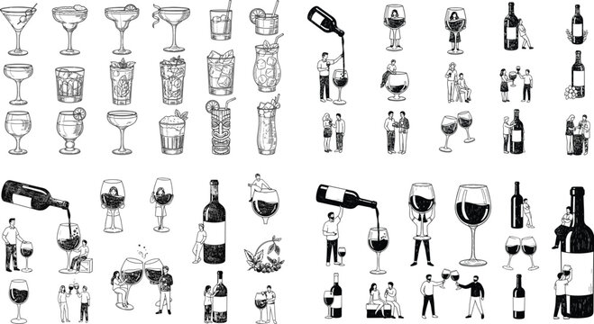 Social and Drink Icon Set with Wine Glasses, Bottles, Cocktails, and People Interactions for Parties, Events, and Digital Media Designs