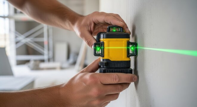 Precise manual repair with laser level tool on wall for accurate measurement and alignment. Manual repair includes setting up laser level for construction tasks and improving home projects.