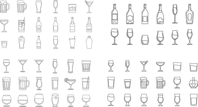 Drink Icon Set with Cocktail, Wine, Beer, and Beverage Illustrations for Bars, Restaurants, and Digital Media Designs