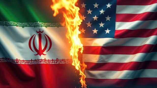 American flag ablaze, symbolizing conflict or protest