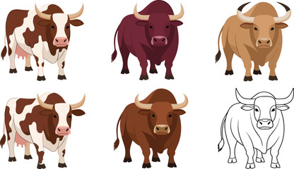 Fototapeta premium Cow and Bull Collection with Different Colors and Line Art Variation Front View Farm Animal Flat Vector Illustrations for Agriculture and Livestock Design Projects.