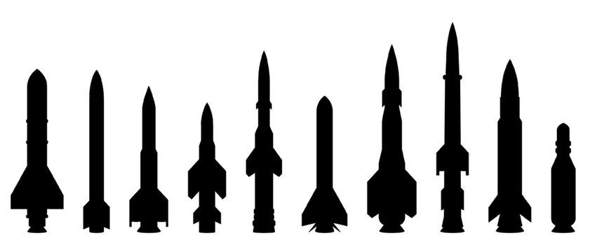 Set of missile silhouettes, rockets, bombs, and warheads isolated on white background for military, army, and defense projects. Conflict, weapon development, and national security concept