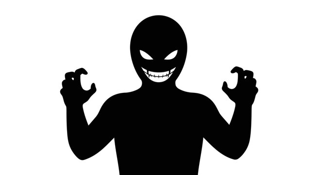 Scary Black Silhouette Monster with Evil Grin and Glowing Eyes, Raising Claws