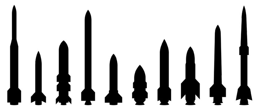 Set of black missile and rocket silhouettes isolated on transparent background. Vector military weapons, ballistic ICBMs, and cruise missiles. Defense, war, armament, and global conflict concepts.