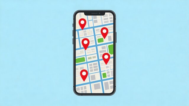 A smartphone shows a map with multiple red location markers, set against a light blue background, illustrating navigation and tracking.
