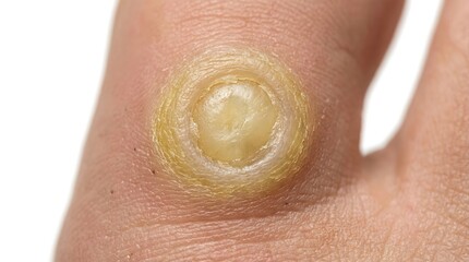 Fototapeta premium Extreme macro view of a keratinized corn core on human toe joint displaying pathological skin layers and ridges for dermatological scientific study.