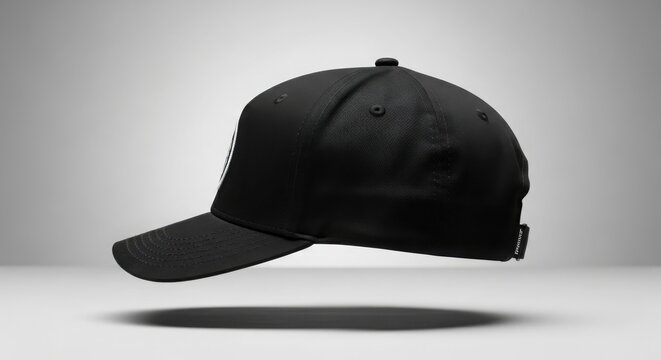 Black baseball cap side view, floating cotton sports hat, minimalist streetwear headwear mockup for apparel branding and merchandise design isolated on White Background