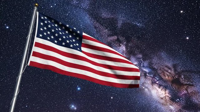 American flag waving against a milky way galaxy night sky, patriotic space background, usa stars and stripes under celestial stars