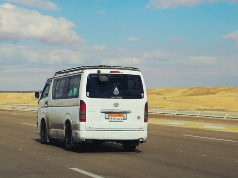 Cairo, Egypt, February 28 2026: Toyota HiAce, a popular minibus frequently used for passenger transport in Egypt, Passenger microbus minivan, equipped with diesel engines