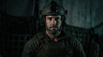 Obraz premium Focused Soldier in Tactical Gear with Determined Expression