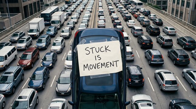 Traffic jam with "Stuck is movement" note on truck showing handwritten affirmation aesthetic photography for redefining stagnation as part of forward motion, in urban realism
