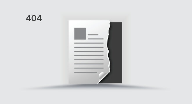 Website 404 error page vector graphic showing a torn document with missing information.