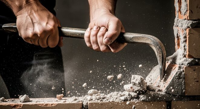 Manual repair process using pry bar to remove brick wall during renovation. Manual repair effort involves physical labor with dust and debris being created from destructive work.
