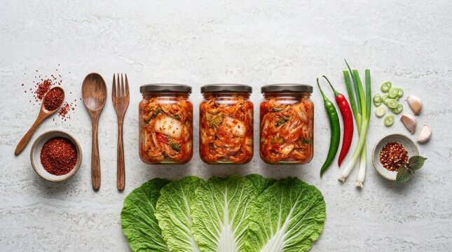 Top down packaging concept with three unbranded kimchi jars surrounded by ingredients
