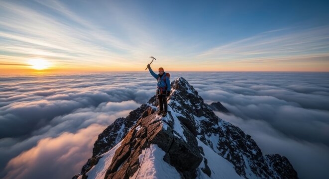 Triumphant climber celebrates reaching a snowy mountain summit at sunrise above the clouds.