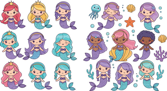 Cute Mermaid Character Collection Vector Set with Colorful Cartoon Sea Princesses Ocean Fantasy Illustrations for Kids Design Isolated on White