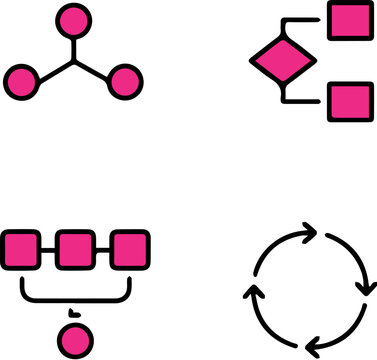 Software Logic Flow and Network Node Topology Icon Set for Technical Documentation UI. Optimized for software architecture diagrams, backend workflow visualization, and system documentation