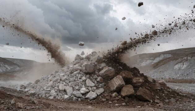 Dynamic medium shot capturing the textured layers of limestone and clay mixed in windrows at a blending yard set against a gray cloudy backdrop.