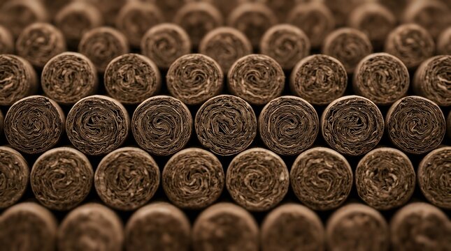 Close up macro view of neatly stacked premium cigars showing textured tobacco leaf spiral patterns
