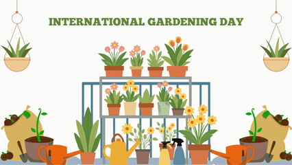 Collection of several potted plants at various stages of growth with the help of people in a productive garden environment with water can, gardening tools. Template for Poster, Banner, cover, card, ad © CaptureCraze