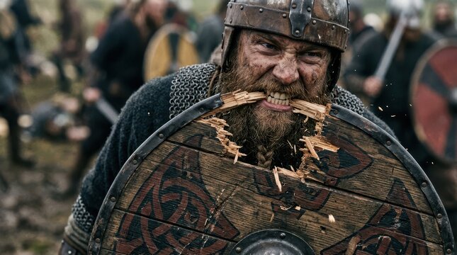 Intense Viking Warrior in Battle with Broken Shield and Fierce Expression
