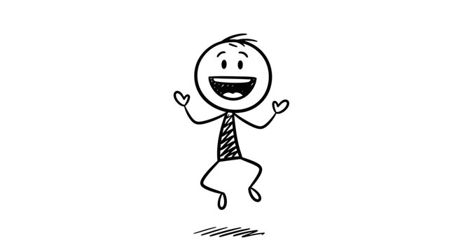 A stick figure in a tie jumps up happily.