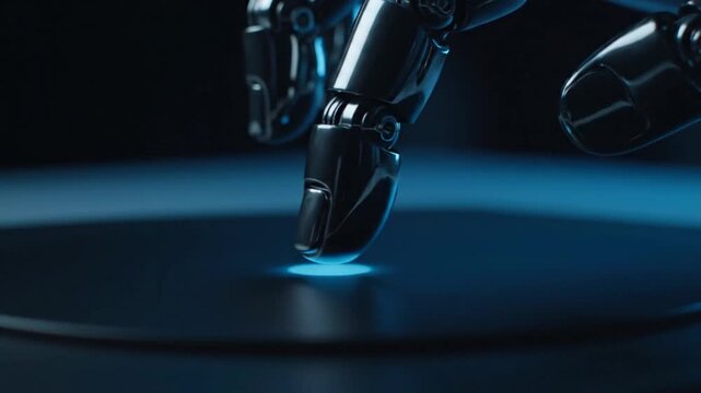 Close-up of a robotic hand touching a glowing blue surface, futuristic technology concept