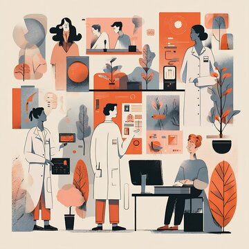 Clinical team reviewing digital dashboards and charts in a modern laboratory workspace &mdash; hand drawn medical illustration
