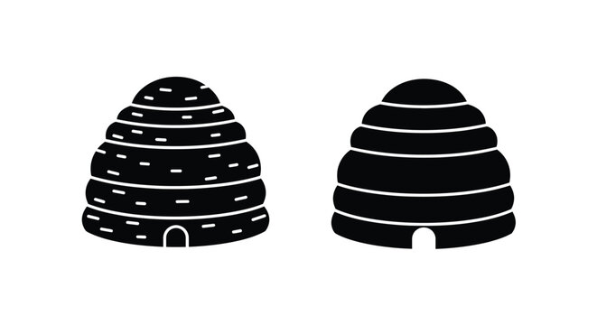 Two bee hive illustrations in black ideal for design on transparent background silhouette