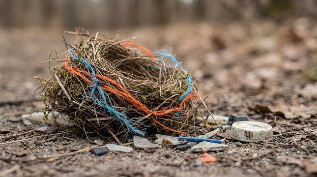 Bird nest built with colorful plastic string debris on ground highlighting ecological pollution