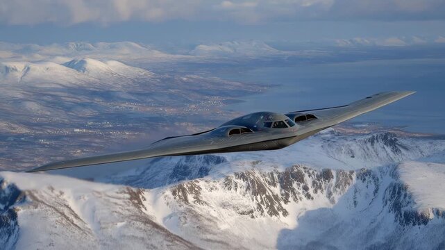 American B-2 gliding over arctic mountain pass leading toward frozen sea port with energy storage tanks