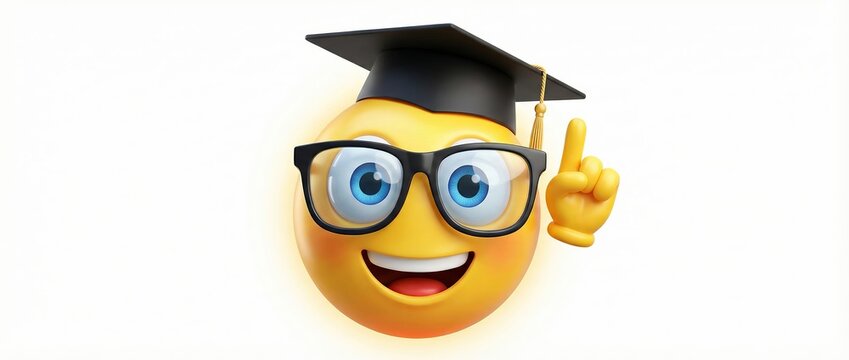 A cheerful emoji wearing a graduation cap and glasses with a thumbs up gesture