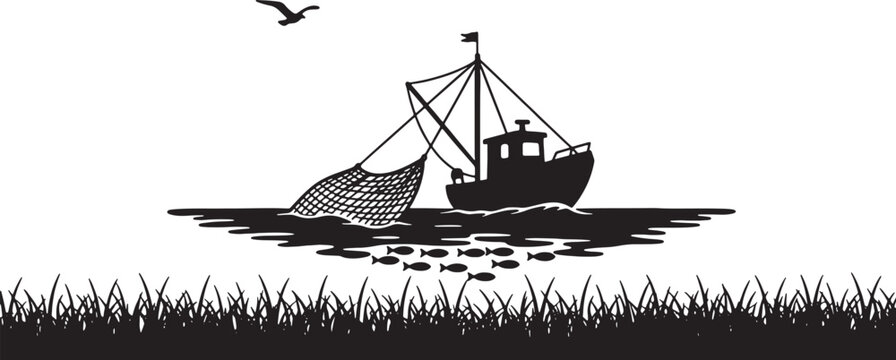 black silhouette of a fishing boat on water with fish and grass