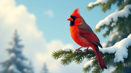 Naklejka premium A red bird perched at the top of a tree branch, looking out into the distance