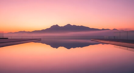 Obraz premium Beautiful panoramic view of mountains at sunset with vibrant pink and orange sky reflected in infinity pool.