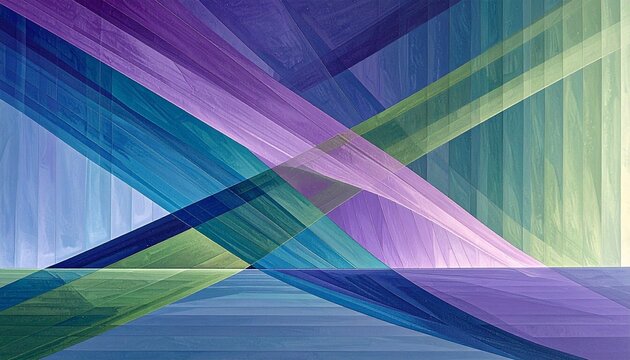"An abstract composition of overlapping translucent triangles and parallelograms in blue, green, purple, and white, with gradients and intersecting lines creating depth and motion."