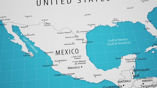 Smooth camera flyover across the United States and Mexico on a detailed political world map. The animation moves from Mexico and the Gulf of Mexico toward the United States, showing country borders, m
