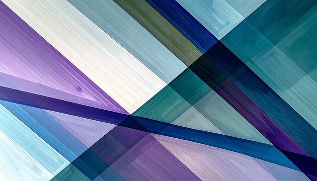 "An abstract composition of overlapping translucent triangles and parallelograms in blue, green, purple, and white, with gradients and intersecting lines creating depth and motion."
