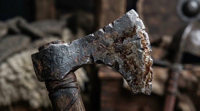 Detailed Close-Up of an Aged Axe with Rustic Finish and Texture