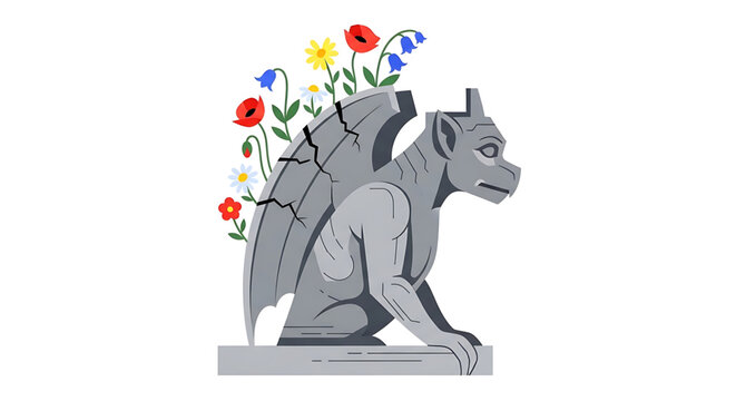 A gray gargoyle statue with colorful flowers growing out of its back, depicted in a flat, minimalist vector illustration style.