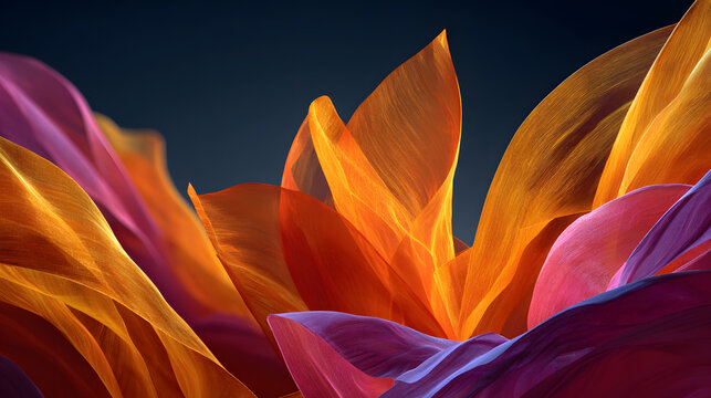 Vibrant abstract image featuring bold color transitions with glass like gradients, showcasing flowing shapes in orange, pink, and purple hues against dark background