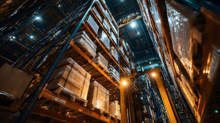 Fototapeta premium Tall warehouse shelves filled with stacked boxes are organized efficiently, with autonomous forklift navigating aisles. scene is illuminated by bright overhead lights, creating bustling atmosphere