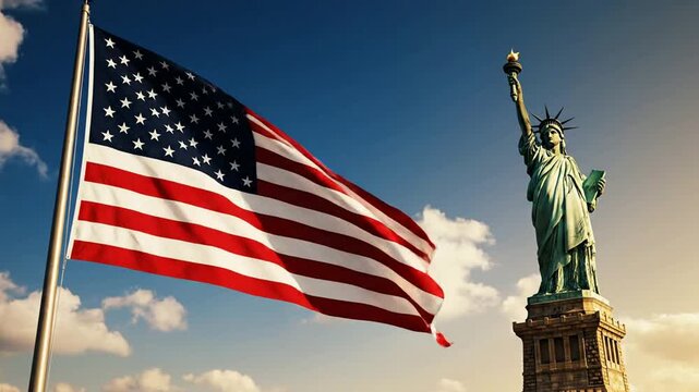 Waving american flag with statue of liberty in new york city, iconic usa patriotic symbol and travel landmark