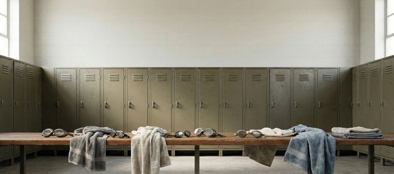 Panoramic locker room bench with towels and blank metal locker doors