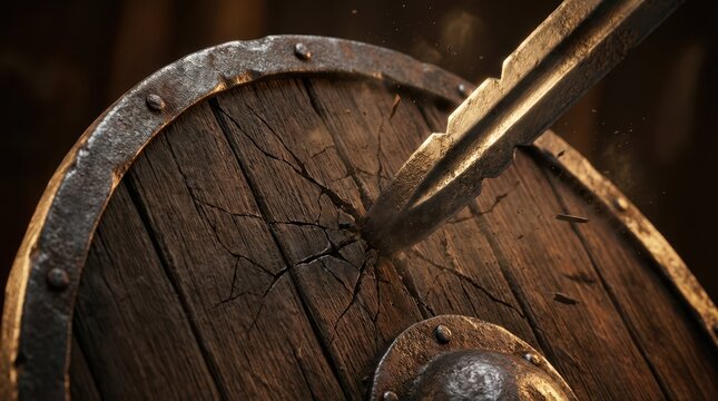 Close-up Shot of a Cracked Wooden Shield with a Sword Strike Imprint