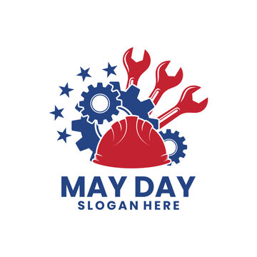 May Day Labor Day Industrial Logo with Helmet and Tools. Happy May Day Logo Design Template